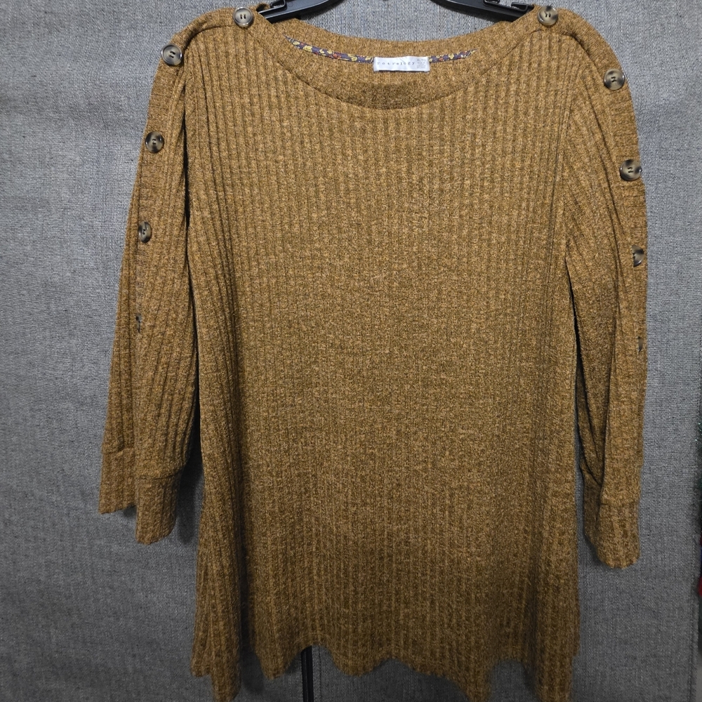 Button-Shoulder Ribbed Scoop Neck Sweater - Mustard